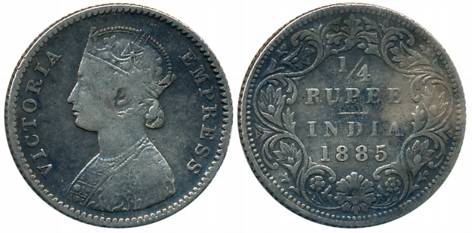 Victoria Empress, Silver 1/4 Rupee, 1885, Bombay Mint, B/I/B raised (Prid# 418). Fine+.