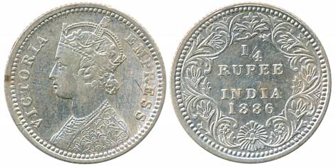 Victoria Empress, Silver 1/4 Rupee, 1886, Calcutta Mint, C/II/C incused (Prid# 391). Very 