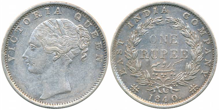 Victoria Queen, Silver Rupee, Continuous Legend, 1840, Bombay Mint, No privy mark, 35 Berr