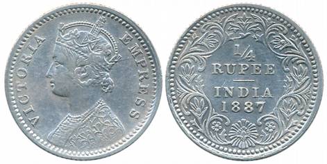 Victoria Empress, Silver 1/4 Rupee, 1887, Calcutta Mint, C/II/C incused (Prid# 392). Very 