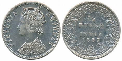 Victoria Empress, Silver 1/4 Rupee, 1887, Bombay Mint, C/II/B raised (Prid# 420). Very fin