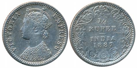 Victoria Empress, Silver 1/4 Rupee, 1887, Calcutta Mint, C/II (Unlisted in Pridmore). Abou