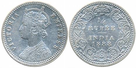 Victoria Empress, Silver 1/4 Rupee, 1888, Calcutta Mint, C/II (Prid# 393). Very fine+.