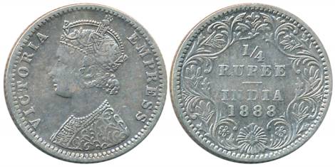 Victoria Empress, Silver 1/4 Rupee, 1888, Bombay Mint, C/II/B raised (Prid# 421). About ve