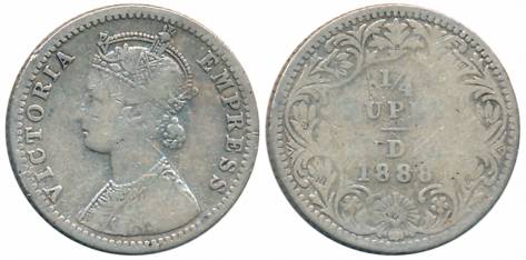 Victoria Empress, Silver 1/4 Rupee, 1888, Bombay Mint, C/II/B incused (Prid# 422). Fine.
