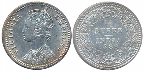 Victoria Empress, Silver 1/4 Rupee, 1889, Calcutta Mint, C/II/C incused (Prid# 394). About