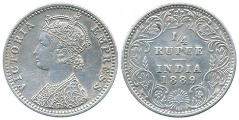 Victoria Empress, Silver 1/4 Rupee, 1889, Bombay Mint, C/II/B incused (Prid# 423). Very fi