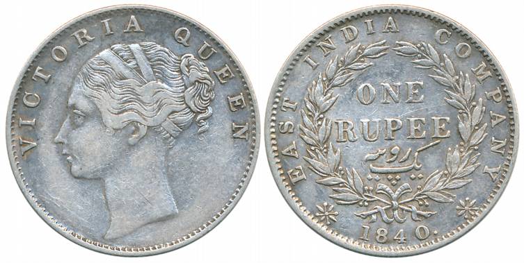 Victoria Queen, Silver Rupee, Continuous Legend, 1840, Calcutta Mint, Crescent in relief, 