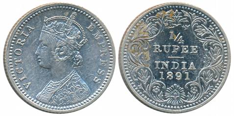 Victoria Empress, Silver 1/4 Rupee, 1891, Calcutta Mint, C/II/C incused (Prid# 396). Very 