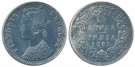 Victoria Empress, Silver 1/4 Rupee, 1891, Bombay Mint, C/I/B incused (Prid# 425). Very fin