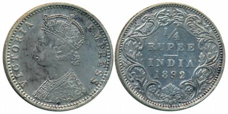 Victoria Empress, Silver 1/4 Rupee, 1892, Bombay Mint, C/I/B incused (Prid# 427). Very fin