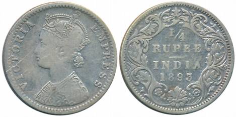 Victoria Empress, Silver 1/4 Rupee, 1893, Bombay Mint, C/I/B incused (Prid# 428). Fine+.