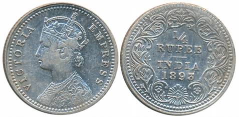 Victoria Empress, Silver 1/4 Rupee, 1893, Calcutta Mint, C/II/C incused (Prid# 398). Very 