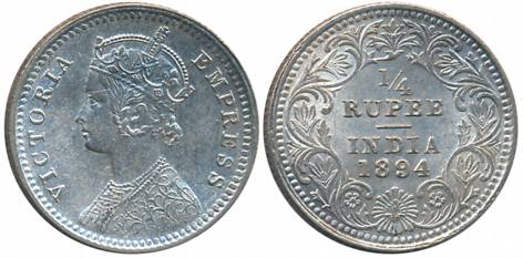 Victoria Empress, Silver 1/4 Rupee, 1894, Calcutta Mint, C/II/C incused (Prid# 399). About