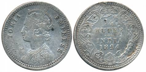 Victoria Empress, Silver 1/4 Rupee, 1894, Bombay Mint, C/I/B raised (Prid# 429). Fine+.
