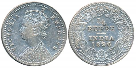 Victoria Empress, Silver 1/4 Rupee, 1896, Calcutta Mint, C/II/C incused (Prid# 400). Fine+