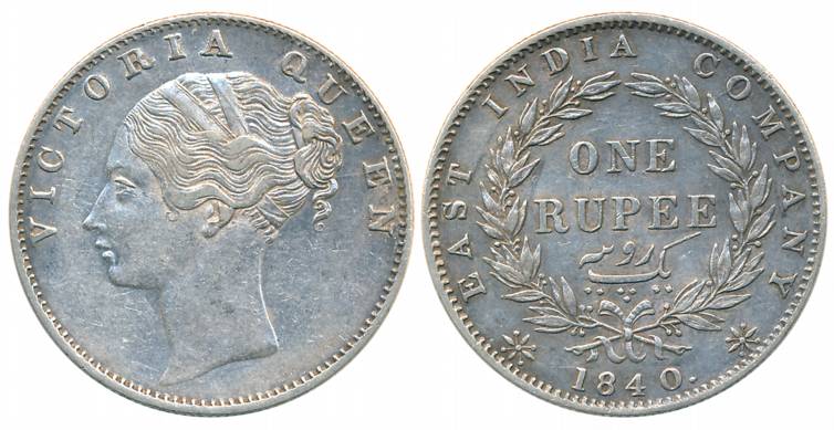 Victoria Queen, Silver Rupee, Continuous Legend, 1840, Calcutta Mint, Crescent in relief, 