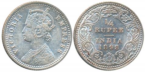 Victoria Empress, Silver 1/4 Rupee, 1898, Calcutta Mint, C/II/C incused (Prid# 402). Extre
