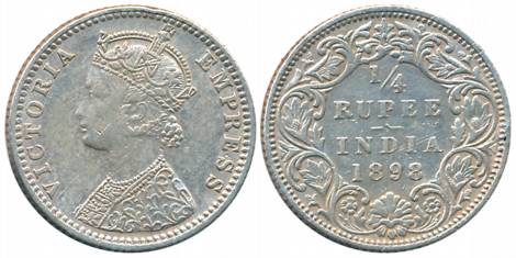 Victoria Empress, Silver 1/4 Rupee, 1898, Bombay Mint, C/I/B incused, Numeral 8 struck ove