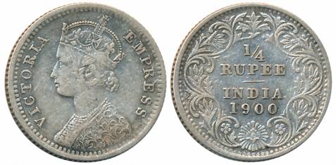 Victoria Empress, Silver 1/4 Rupee, 1900, Calcutta Mint, C/II/C incused (Prid# 403). Very 