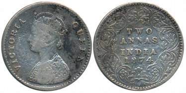 Victoria Queen, Silver 2 Anna, 1874, Calcutta Mint, A/I (Prid# 488). Fine+.