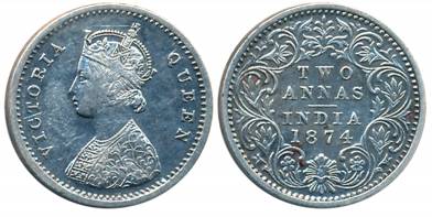 Victoria Queen, Silver 2 Anna, 1874, Bombay Mint, A/I (Prid# 516). Very fine.