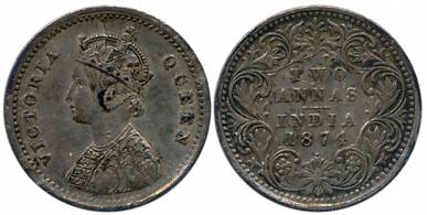 Victoria Queen, Silver 2 Anna, 1874, Bombay Mint, A/I/dot (Unlisted in Pridmore). Very fin