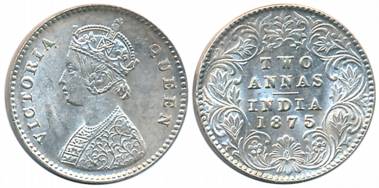 Victoria Queen, Silver 2 Anna, 1875, Calcutta Mint, A/I (Prid# 489). Extremely Fine+.