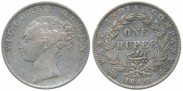 Victoria Queen, Silver Rupee, Continuous Legend, 1840, Calcutta Mint, Crescent in relief, 