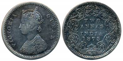 Victoria Queen, Silver 2 Anna, 1875, Bombay Mint, A/I (Prid# 517). About very fine.