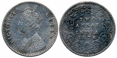 Victoria Queen, Silver 2 Anna, 1876, Calcutta Mint, A/I (Prid# 490). Fine+, scarce.