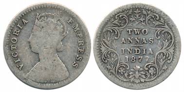 Victoria Empress, Silver 2 Anna, 1877, Calcutta Mint, B/II (Prid# 492). Fine+, rare.