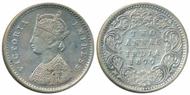 Victoria Empress, Silver 2 Anna, 1877, Bombay Mint, A/I/dot (Prid# 520). About very fine.