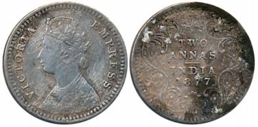 Victoria Empress, Silver 2 Anna, 1877, Bombay Mint, B/II/dot on the tip of top flower (Unl