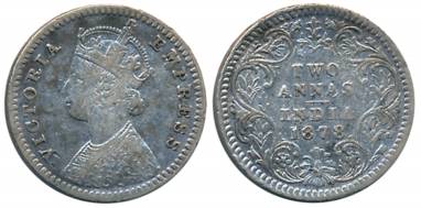 Victoria Empress, Silver 2 Anna, 1878, Calcutta Mint, B/II (Prid# 493). About very fine.