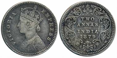 Victoria Empress, Silver 2 Anna, 1879, Calcutta Mint, B/II/C incused (Prid# 494). About ve