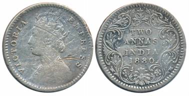Victoria Empress, Silver 2 Anna, 1880, Calcutta Mint, B/II/C incused (Prid# 495). Fine, ra