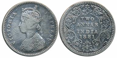 Victoria Empress, Silver 2 Anna, 1881, Bombay Mint, A/II/dot (Prid# 523). About very fine,