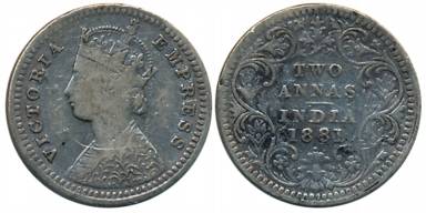 Victoria Empress, Silver 2 Anna, 1881, Bombay Mint, B/II/dot (Prid# 524). About very fine,