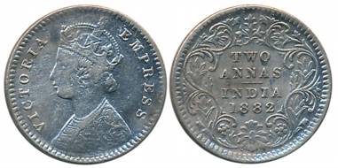 Victoria Empress, Silver 2 Anna, 1882, Calcutta Mint, B/II/C incused (Prid# 497). About ve