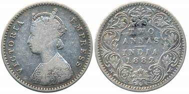 Victoria Empress, Silver 2 Anna, 1882, Bombay Mint, A/I/dot (Prid# 525). Fine+, scarce.