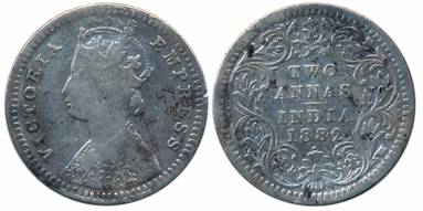 Victoria Empress, Silver 2 Anna, 1882, Bombay Mint, B/II/dot (Prid# 527). Fine+, scarce.