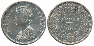 Victoria Empress, Silver 2 Anna, 1884, Bombay Mint, A/I without mint mark (Prid# 531). Abo