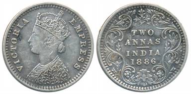 Victoria Empress, Silver 2 Anna, 1886, Bombay Mint, B/II/B incused (Prid# 539). Very fine+