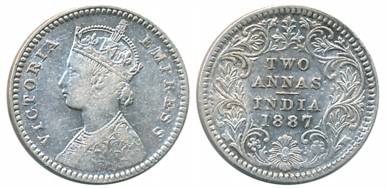 Victoria Empress, Silver 2 Anna, 1887, Calcutta Mint, B/II/C incused (Prid# 502). About ve