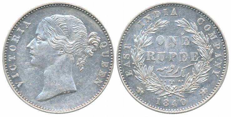 Victoria Queen, Silver Rupee, Divided legend, 1840, Calcutta/ Bombay Mint, W.W. raised, sh