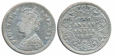 Victoria Empress, Silver 2 Anna, 1887, Bombay Mint, B/II/B incused (Prid# 540). About very