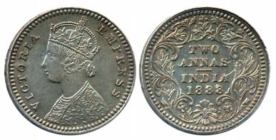 Victoria Empress, Silver 2 Anna, 1888, Calcutta Mint, B/II (Prid# 503). Extremely fine+.