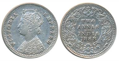 Victoria Empress, Silver 2 Anna, 1888, Bombay Mint, B/II/B incused (Prid# 541). About very