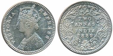 Victoria Empress, Silver 2 Anna, 1889, Calcutta Mint, B/II/C incused (Prid# 504). About ve